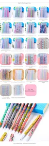Detailed grid of diverse colorful pens featuring floral, animal, and star patterns