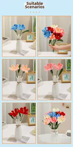 Detail showing various colors of handmade crochet tulip bouquets in home decor settings