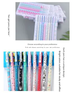 Detailed close-up of 10-pack colored gel pens featuring assorted artistic barrel designs