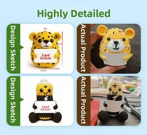 Handmade crochet leopard doll with blank mini card showing design vs real product detail