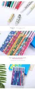 Detail view of colorful needle tip pens with floral patterns and transparent packaging box