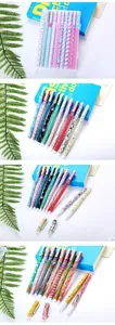 Close-up of 10-piece colorful gel pen set with creative patterns and clear storage box