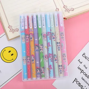 Set of 10 colorful cartoon gel pens in a transparent storage box for office and art use