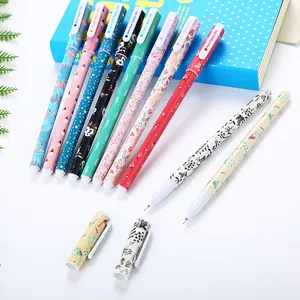 Set of ten colorful gel pens with floral and animal patterns on a white background