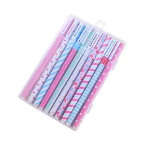 Set of 10 colorful gel pens with heart and floral patterns in a clear plastic storage box