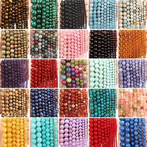 Natural Stone Round Beads Smooth Loose Gemstone Agate Tiger Eye Lava Rock Beads For DIY Jewelry Making Crafting