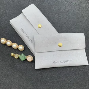 Detailed view of gray microfiber jewelry pouches with gold snaps and pearl hair clips