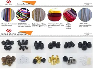 Detailed catalog of various jewelry cords, velvet pouches, and plastic cord locks