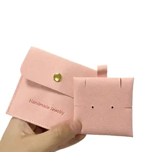 Pink velvet jewelry pouch with snap button and handmade jewelry gold letter printing