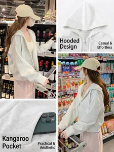 Damen Kapuzenpullover in Hellgrau mit Reißverschluss, Kängurutaschen und lockerer Passform