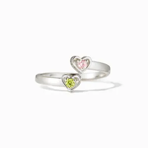 S925 sterling silver open ring with pink and lime green heart-shaped birthstones