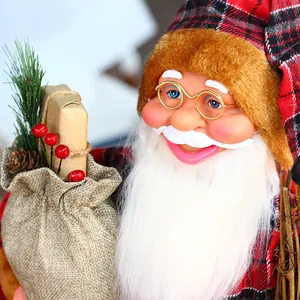 24 inch standing Santa Claus figure with red plaid hat and rustic gift bag decoration