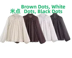 Polka dot blouses with high neck and puff sleeves in beige, brown, white, and black