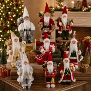 Detail of diverse 12-inch Santa Claus figurines in red, gold, and white festive outfits