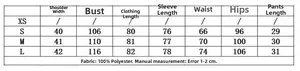 Size chart for women's polyester set showing measurements from S to L in centimeters