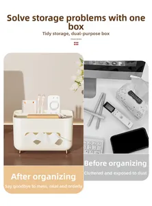Close-up of cream desktop tissue box with golden legs and multi-grid storage partitions