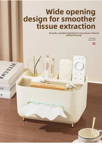 Creamy desk tissue box with remote control storage and gold feet detail view