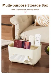 Detail view of cream tissue box with gold feet and multi-compartment remote storage