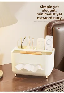 Creamy desk tissue box with gold feet and multi-grid storage for remote controls