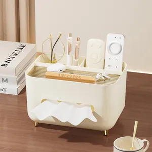 Cream desk organizer tissue box with compartments for remote and glasses