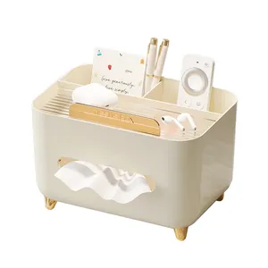 Creamy white desktop tissue box with golden legs and multi-grid storage organizer