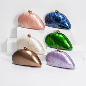 Acrylic Evening Clutch Bag Women Marble Pattern Resin Shell Shaped Purse With Metal Ball Clasp Chain Strap For Wedding Party