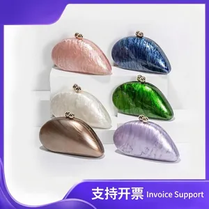 Acrylic Evening Clutch Bag Women Marble Pattern Resin Shell Shaped Purse With Metal Ball Clasp Chain Strap For Wedding Party