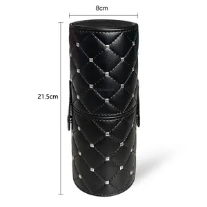 Quilted black PU leather makeup brush holder with silver studs and dimensions 21.5x8cm