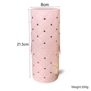 Pink PU leather travel makeup brush holder with quilted pattern and dimensions 21.5x8cm