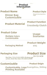Detailed size and weight chart for luxury evening rhinestone crossbody clutch bag
