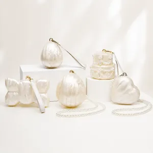 Acrylic Irregular Evening Clutch Bag Pearlescent Heart Cake Shape Faux Artificial Pearl Beaded Chain Handbag Wedding Party Elegant