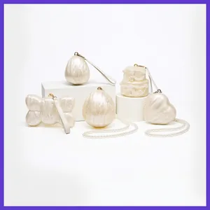 Acrylic Irregular Evening Clutch Bag Pearlescent Heart Cake Shape Faux Artificial Pearl Beaded Chain Handbag Wedding Party Elegant