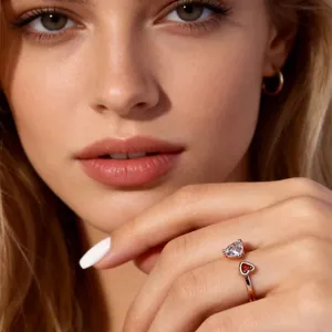 Minimalist rose gold open heart ring with sparkling white and red cubic zirconia gems