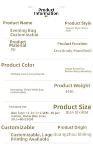 Detailed size and material specification chart for the gold PU fashion evening handbag