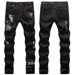 Jean Homme High Street Distressed Graffiti Broderie Lettres Coupe Slim Denim Pantalon Hip Hop Streetwear Noir Blanc Délavé