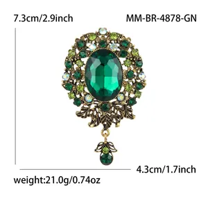 Vintage Baroque emerald brooch with green crystals and teardrop pendant dimensions