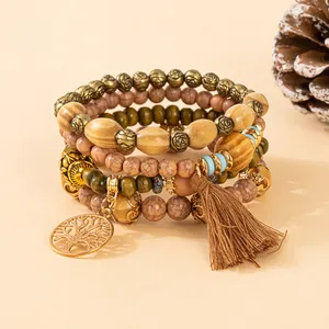 Bohemian multilayer wood bead bracelet set with Tree of Life pendant and tassel