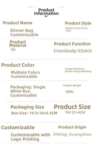 Detailed specification chart for gold PU evening clutch bag showing size 19x12x4cm