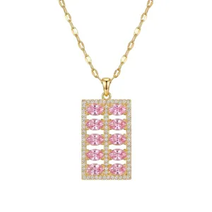 Vintage gold square abacus necklace with pink zircon gemstones and micro-pave crystals