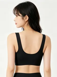 Detailed back view of seamless U-neck wireless bra with wide straps in black