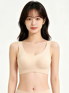 Close-up of seamless beige U-neck sports bra with fixed cups for ultimate comfort