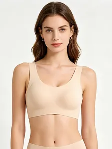 Detail of seamless U-neck wireless bra showing soft fabric texture and wide shoulder straps