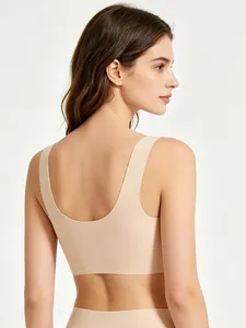 Close-up of seamless U-back design on skin-tone wireless bra for ultimate comfort