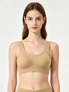 Detail of skin-tone seamless U-neck wireless bra with wide straps and smooth finish