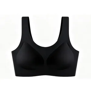 Detail view of seamless black U-neck bra with built-in cups and wide shoulder straps