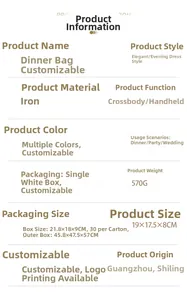 Detailed chart showing size and specifications for this elegant metal evening clutch bag