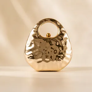 Women Metal Evening Clutch Bag Hammered Texture Integrated Round Handle Elegant Party Wedding Handbag Box Style Fashion