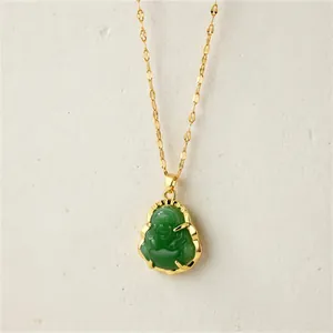 Detailed view of the green Maitreya Buddha pendant with a polished gold-plated chain
