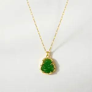 Close-up of green faux chalcedony Laughing Buddha pendant with gold plated steel chain