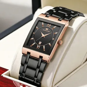 Men Quartz Watch Rectangular Black Dial Stainless Steel Strap Waterproof Calendar Date Business Casual Luxury Wristwatch
